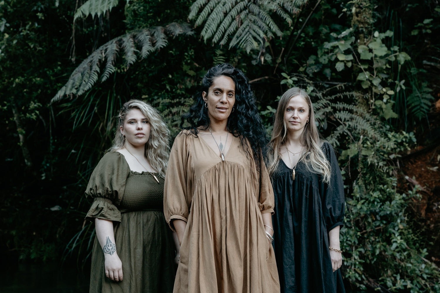 anxiety necklace, anxiety whistle, breathing tool, hauora, nz bush, nz nature,woman, nz woman, maori woman, nz fashion, nz necklaces, nz jewelery, khaki dress, black loose dress, tan loose dress, Maori woman, nz woman,