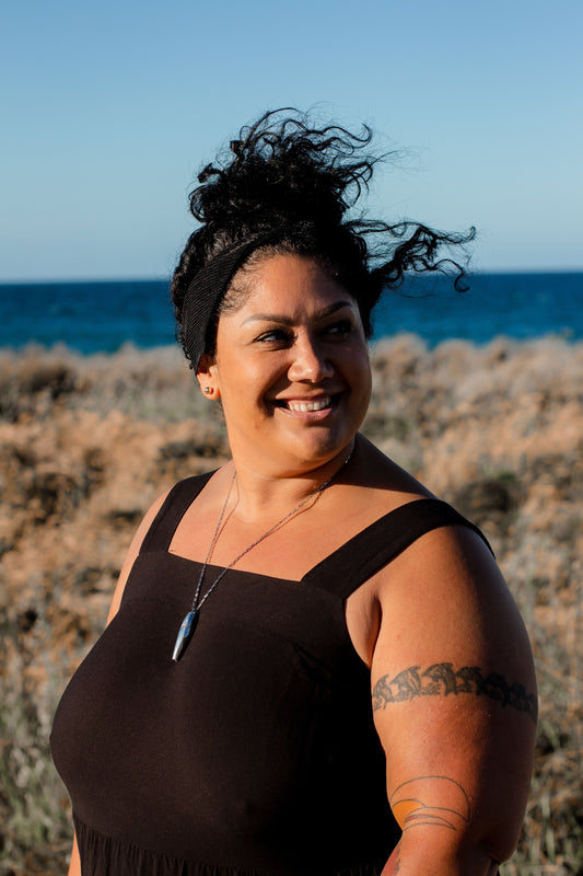maori wahine, maori women, black dress, anxiety necklace nz, breathing necklace nz, nz women at beach