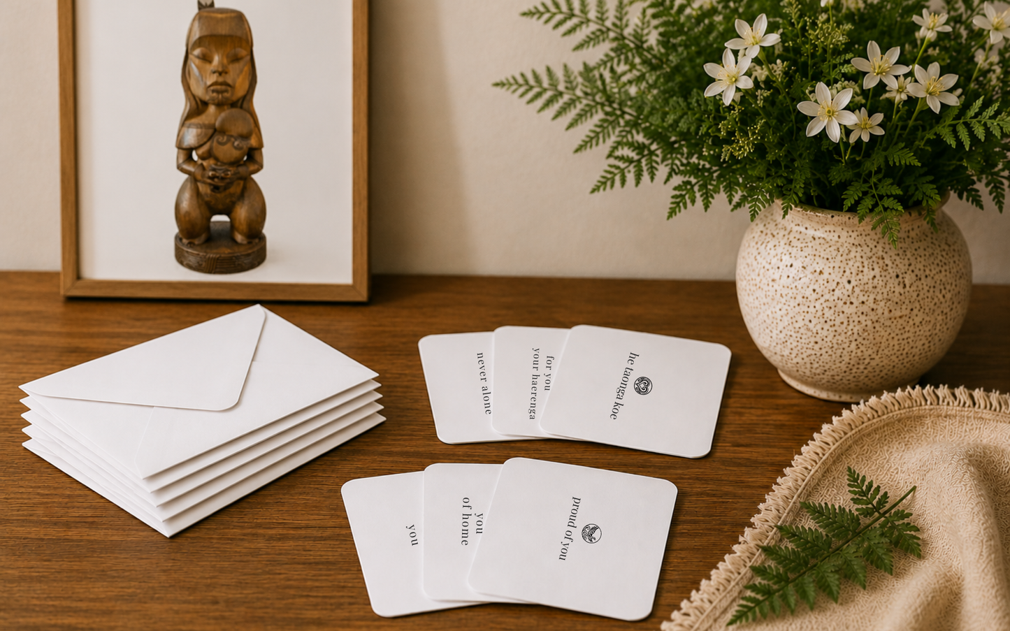 A styled flat-lay of white square cards and matching white envelopes on a wooden table, with a ceramic vase of white flowers and a framed wooden figurine in the background.